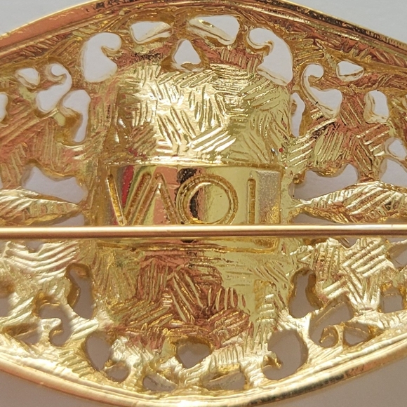 Vintage Brooch Pin Signed Tova Gold Tone Black Enamel Rhinestones Art Deco - Picture 3 of 4